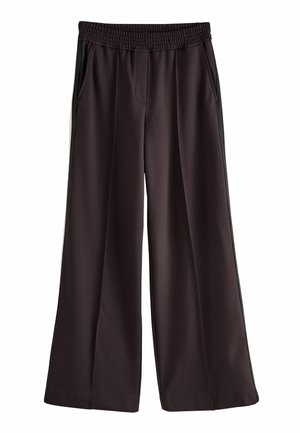 Wide-leg dark brown pants with elastic waistband and side pockets, featuring subtle seam details along the sides.