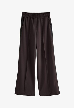 Wide-leg dark brown pants with elastic waistband and side pockets, featuring subtle seam details along the sides.