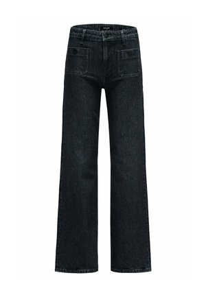 Jean large noir en denim, avec une taille mi-haute, deux poches avant et une fermeture à bouton classique. Le tissu texturé ajoute de la profondeur.