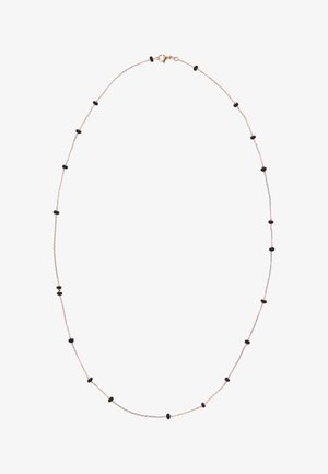Fijne ketting van roségoud met gelijkmatig verspreide kleine zwarte kralen en een sluiting met kreeftsklem.
