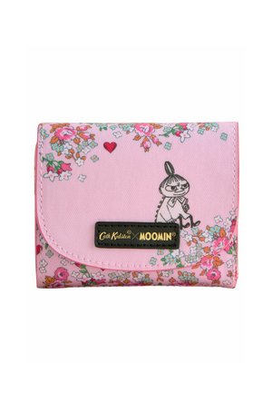 Pink wallet with floral pattern, small red heart, and cartoon character sitting among flowers, labeled Cath Kidston x Moomin.