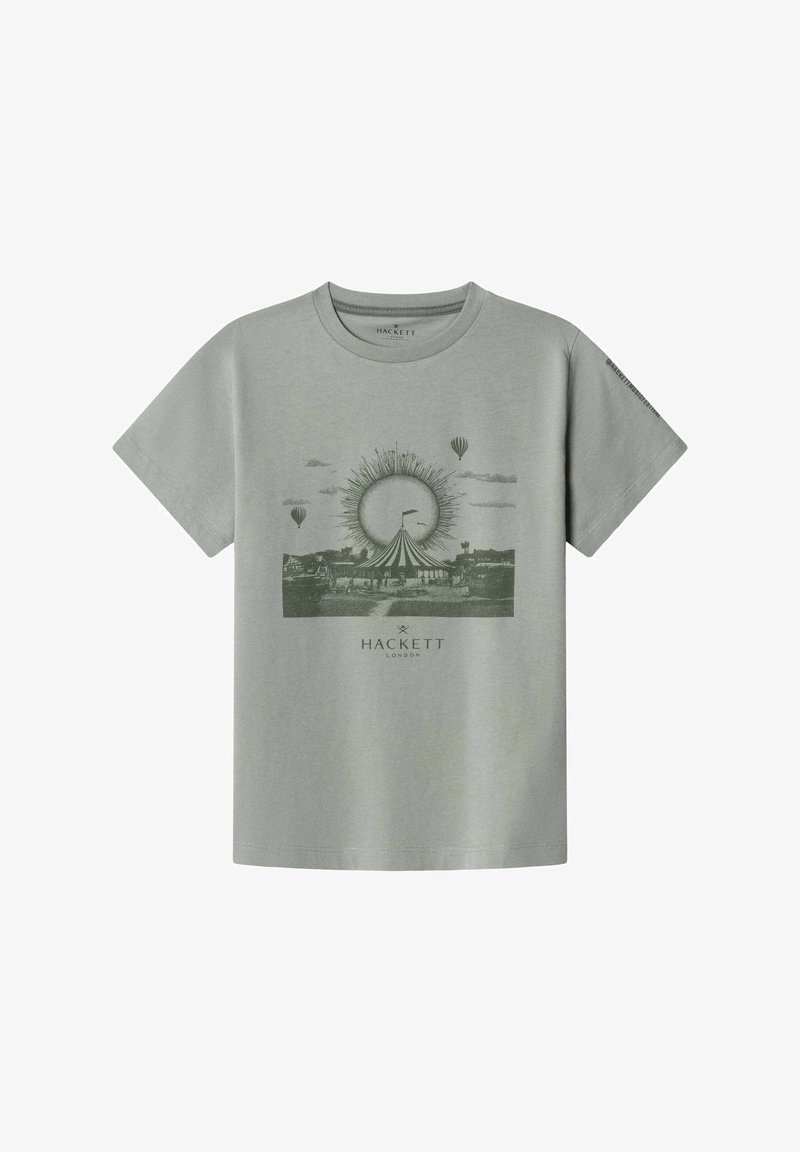 T-shirt en coton vert clair avec un imprimé graphique représentant un chapiteau de cirque, un éclat de soleil et des montgolfières. Manches courtes et col rond.