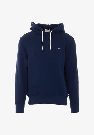 Felpa con cappuccio blu navy con cordoncini bianchi, polsini e orlo a coste, e piccolo logo bianco "AUTRY" sul petto a sinistra.