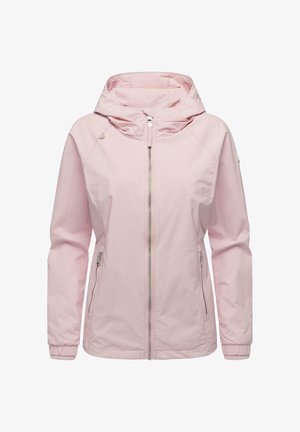 Light pink hooded jacket with front zipper, zippered side pockets, elastic cuffs, and a slightly fitted silhouette.