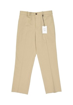 Beige skræddersyede bukser med knap- og lynlåslukning, bæltestropper, sidelommer og et hvidt Bottega Veneta-mærke fastgjort.