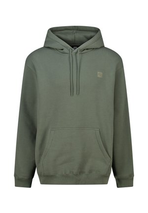 Olive green hooded sweatshirt with front pocket, drawstrings, ribbed cuffs, and small chest logo patch on left side.