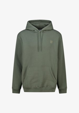 Olive green hooded sweatshirt with front pocket, drawstrings, ribbed cuffs, and small chest logo patch on left side.