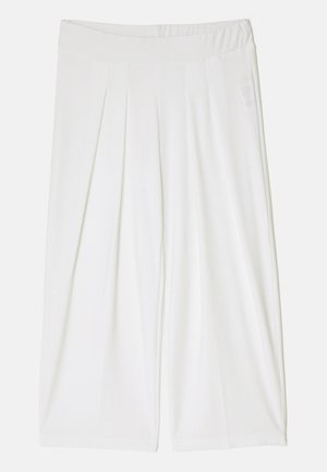 Pantalons culottes blancs plissés avec une large taille élastique. La texture lisse et la conception longueur cheville améliorent le confort et la liberté de mouvement.