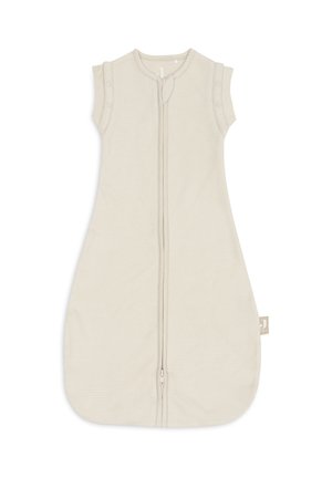 Babyslaapzak in crème met mouwloos ontwerp, ritssluiting aan de voorkant en drukknoopjes op de schouders voor gemakkelijk aankleden.