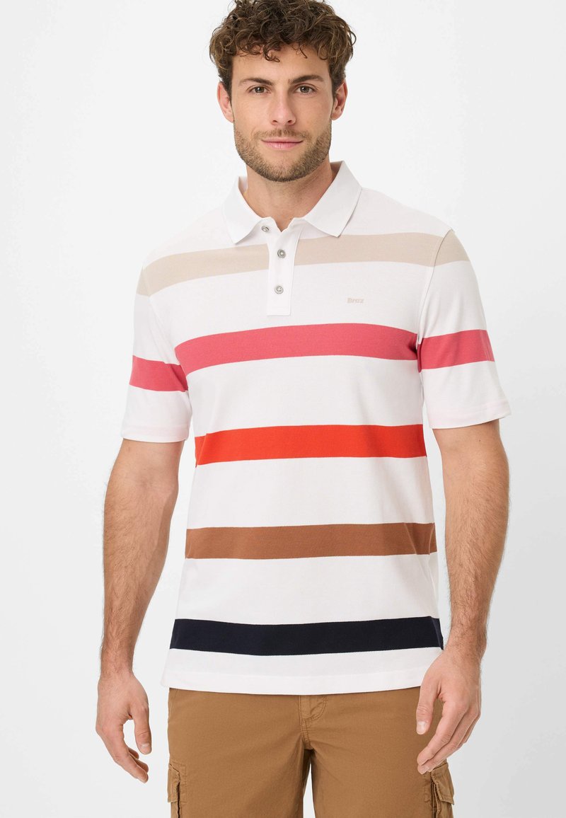 Polohemd mit kurzen Ärmeln, mit horizontalen Streifen in den Farben: weiß, rosa, rot, braun und marineblau. Zwei-Knopf-Blende, aus Baumwollmaterial.