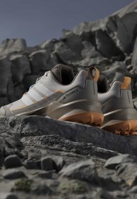 Chaussures de randonnée Adidas Terrex gris clair et beige positionnées sur un terrain rocheux avec un arrière-plan montagneux escarpé sous un ciel nuageux.