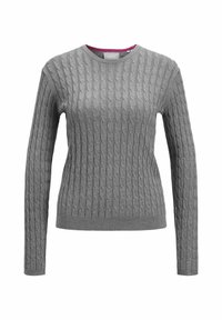 Maglione grigio a maglia con un motivo a treccia testurizzato, colletto rotondo e maniche lunghe. Accentuato da un colletto interno a contrasto.