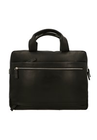 Borsa a tracolla nera in pelle con due manici, tasca frontale con zip, superficie liscia, design minimalista e accessori in metallo argentato.