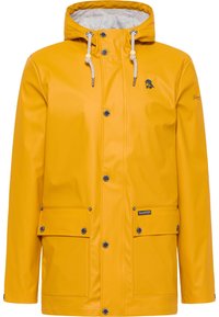 Yellow waterproof rain jacket with a hood, featuring contrasting gray lining, two front pockets, and snap-button fastenings.