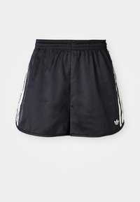 Black athletic shorts with an elastic waistband, white three-stripe accents on the sides, and a small logo on the lower hem.