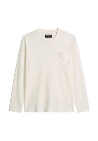 Weißes Langarmhemd aus Baumwolle mit Rundhalsausschnitt und einer Brusttasche auf der linken Seite. Weiche Textur, minimalistisches Design, mit Markenlabel am Halsausschnitt.