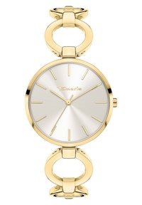 Damenarmbanduhr in Goldfarbe mit einem runden silbernen Zifferblatt, goldenen Stundenmarkierungen, schmalen Zeigern und verknüpften runden Armbandakzenten.