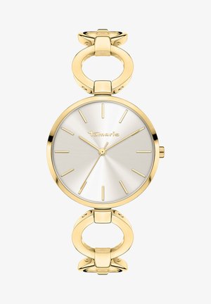 Damenarmbanduhr in Goldfarbe mit einem runden silbernen Zifferblatt, goldenen Stundenmarkierungen, schmalen Zeigern und verknüpften runden Armbandakzenten.