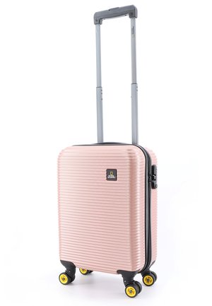 Hard-shell, rose gold suitcase with horizontal ribbed texture, retractable gray handle, black accents, and four yellow wheels.