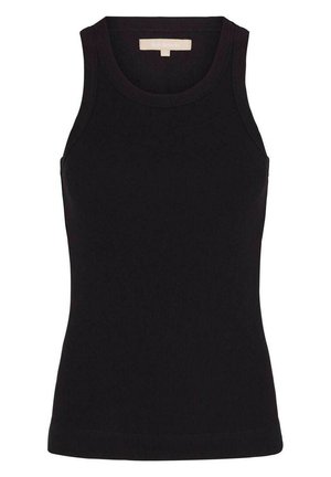 Črna rebrasta majica brez rokavov z okroglo špračo in širokimi naramnicami. Gladka tekstura in prilegajoč dizajn za tesno prileganje. Primerna za kombiniranje.
