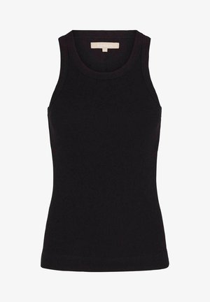 Czarny prążkowany top na ramiączkach z okrągłym dekoltem i szerokimi ramiączkami. Gładka faktura i dopasowany krój zapewniające wygodne noszenie. Idealny do warstwowego ubierania.