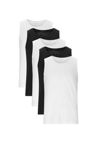 Fyra ärmlösa bomullstanktops i ett paket: två svarta och två vita, med rundad ringning och en mjuk yta.