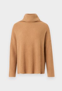 Καφέ ριγωτό πουλόβερ με ψηλό λαιμό και χαλαρή εφαρμογή, με χαμηλωμένους ώμους και απαλό ύφασμα. Χωρίς εμφανείς κλεισίματα ή σχέδια.