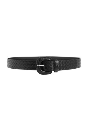 Black woven leather belt with a rounded rectangular buckle and metal pin, shown flat and fastened against a white background.