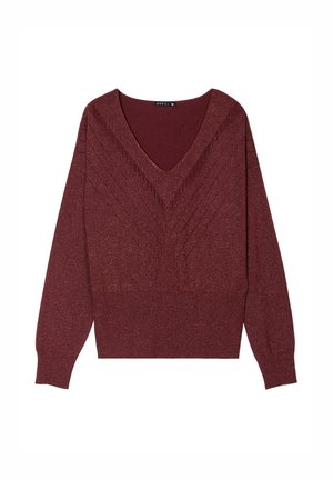 Bordeaux V-hals trui met lange mouwen, voorzien van een textuurontwerp en geribbelde zoom. Gemaakt van een sprankelend materiaal voor extra detail.