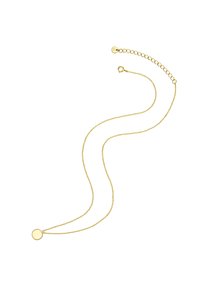 Arany nyaklánc, vékony, finom lánccal és kerek medállal. A lánc hossza állítható, kicsi kapoccsal rendelkezik.