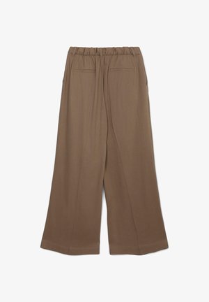 Braune Hosen mit weitem Bein und elastischem Bund, ausgestattet mit zwei Gesäßtaschen und einem glatten, leichten Stoff.