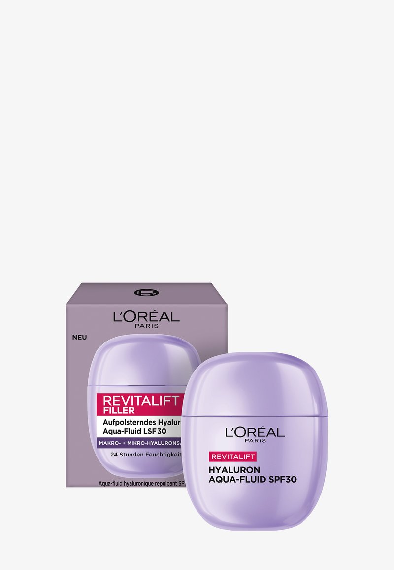 L’Oréal Paris Revitalift Hyaluron Aqua-Fluid SPF30 in un contenitore lavanda accanto alla scatola coordinata con dettagli del prodotto in tedesco.