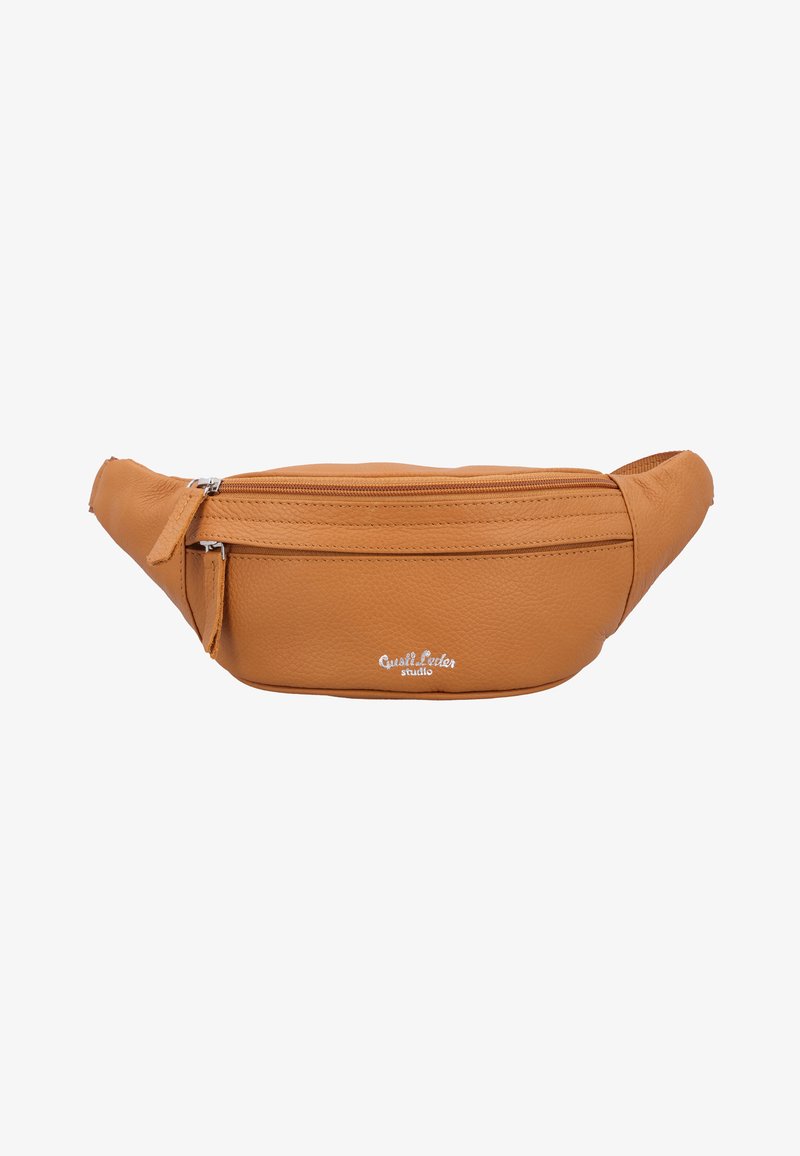 Tan leather fanny pack with a smooth texture, two zippered compartments, and a subtle logo. Ergonomic design for comfortable wear.