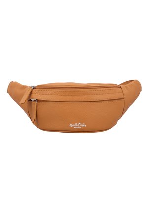 Hüfttasche aus tanfarbenem Leder mit glatter Textur, zwei Reißverschlussfächern und einem dezenten Logo. Ergonomisches Design für angenehmen Tragekomfort.