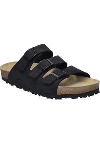 Black sandals with three adjustable straps, textured upper, cork footbed, and a sturdy rubber sole featuring a tread pattern.