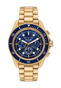 Michael Kors Maritime ur har et bundt af guld rustfrit stål, blå urskive, guld accenter, tre små urskiver og en roterende bezel med minutmarkeringer.