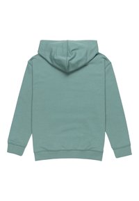 Mintgrön huvtröja med kenguruficka, ribbad mudd och ett mjukt, strukturerat tyg. Har en enkel, odekorerad design.