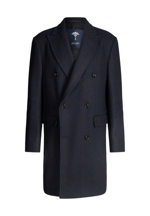 Manteau croisé bleu marine à motif pied-de-poule, avec un col à revers à cran et deux poches avant. Boutons noirs et doublure intérieure.