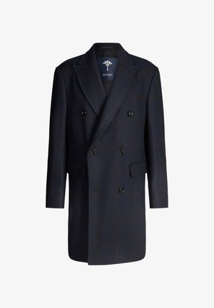Donkerblauwe jas met dubbele rij knopen en een pied-de-poule patroon, voorzien van een reverskraag en twee zijzakken. Zwarte knopen en een gevoerde binnenkant.