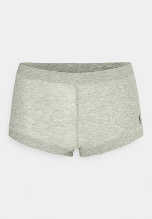 Šedé šortky z bavlneného zmesi s hladkým povrchom, vybavené nízkym pásom a malým námorníckym logom na ľavej strane.