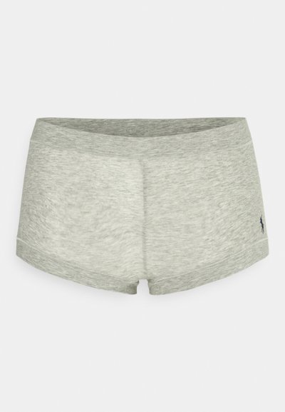 Šedé šortky z bavlneného zmesi s hladkým povrchom, vybavené nízkym pásom a malým námorníckym logom na ľavej strane.