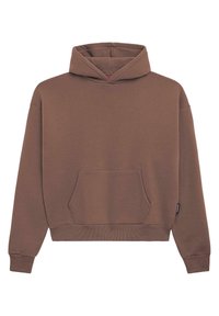 Sweatshirt à capuche marron avec une poche avant, des poignets et un ourlet côtelés, et une texture lisse. Présente un design minimal et une coupe décontractée.