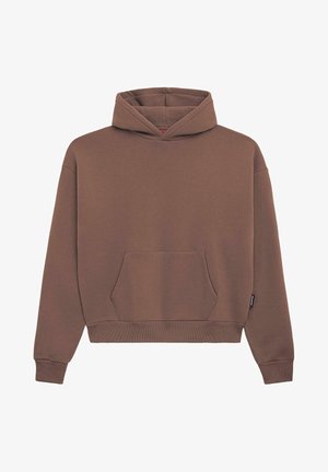 Brun bomull hettegenser med frontlomme, ribbestrikket nederkant og mansjetter, samt en foret hette. Har en avslappet passform og droppede skuldersømmer.