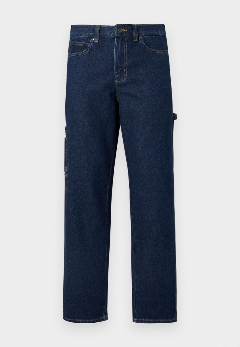 Dark blue denim cargo pants with straight legs, side pockets, and contrast stitching. Features a button closure and belt loops.