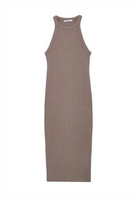 Robe débardeur côtelée marron avec une silhouette ajustée, sans manches et un col rond, longueur mi-mollets, texture lisse.
