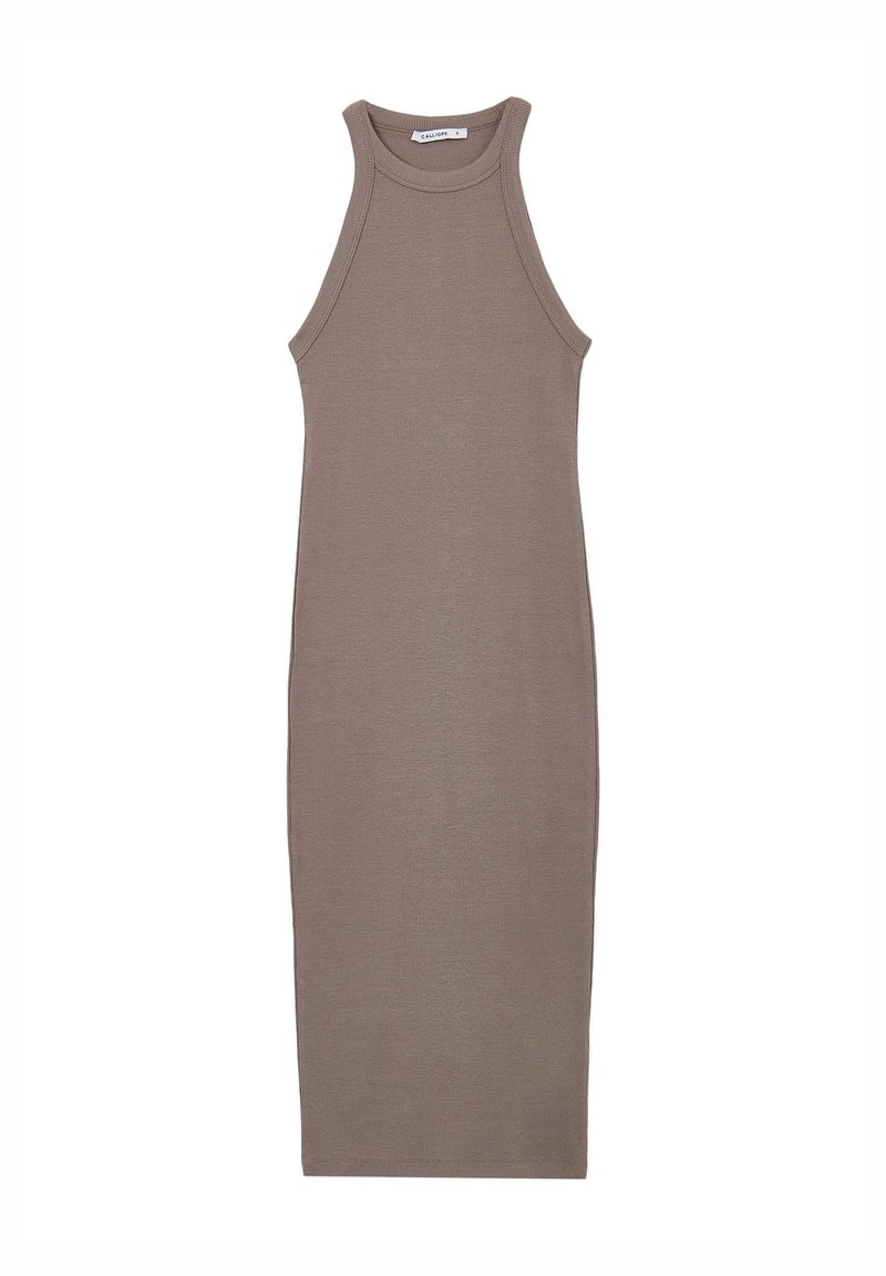 Robe débardeur côtelée marron avec une silhouette ajustée, sans manches et un col rond, longueur mi-mollets, texture lisse.
