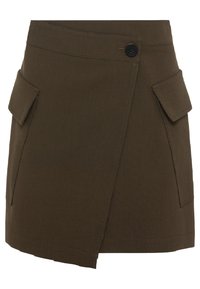 Olivgrön kjol med knytdesign, som har två fickor, en framknäppning och ett slätt, texturerat tyg.