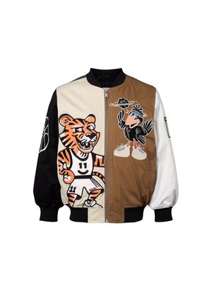 Farbiger Bomberjacke mit gestickten Tiger- und Vogelmotiven, ausgestattet mit schwarzen, cremefarbenen, braunen und weißen Paneelen. Elastische Bündchen und Reißverschluss.
