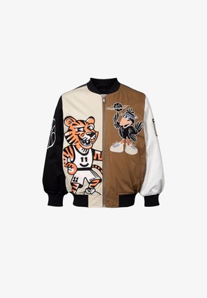Kolorowa kurtka bomberka z haftowanymi motywami tygrysa i ptaka, z panelami w kolorach czarnym, kremowym, brązowym i białym. Elastyczne mankiety i zamek błyskawiczny.
