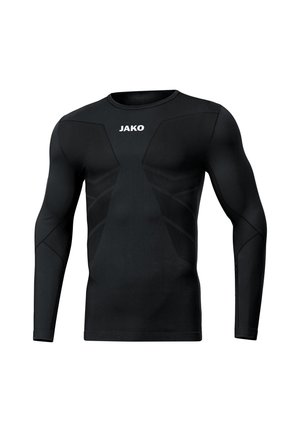 Schwarzes langärmeliges Sportshirt aus dehnbarem Stoff, mit rundem Halsausschnitt und strukturierten Akzenten an Schultern und Seiten. JAKO-Logo sichtbar.